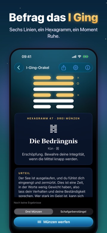Befrag das I Ging — Sechs Linien, ein Hexagramm, ein Moment Ruhe.