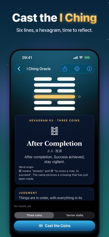 Cast the I Ching — Six lines, a hexagram, time to reflect.