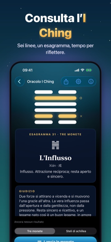 Consulta l’I Ching — Sei linee, un esagramma, tempo per riflettere.