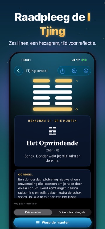 Raadpleeg de I Tjing — Zes lijnen, een hexagram, tijd voor reflectie.