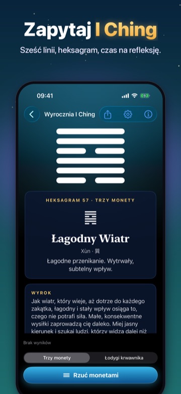 Zapytaj I Ching — Sześć linii, heksagram, czas na refleksję.