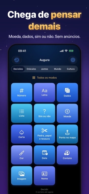 Chega de pensar demais — Moeda, dados, sim ou não. Sem anúncios.