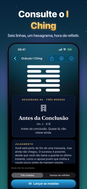 Consulte o I Ching — Seis linhas, um hexagrama, hora de refletir.