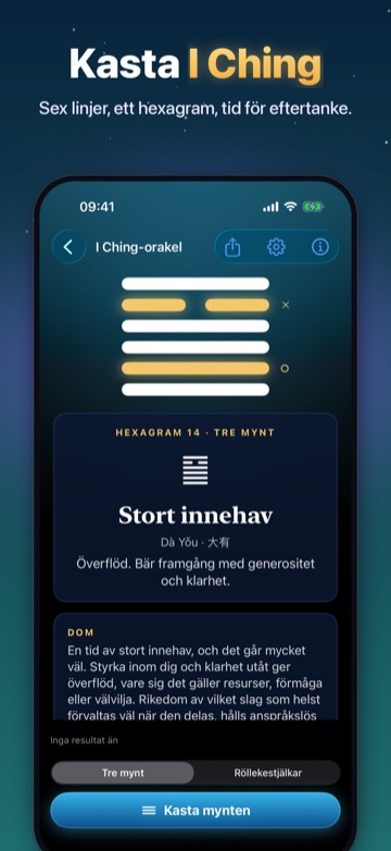 Kasta I Ching — Sex linjer, ett hexagram, tid för eftertanke.